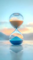 Hourglass with blue sand against sunset sky background reflecting on water surface, capturing passing time in serene natural setting.