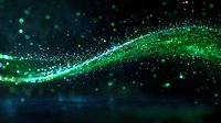 Abstract green glowing wave with sparkles and particles flowing on dark background, digital technology concept for presentations and websites.
