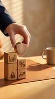 Businessman hand placing wooden block with shield icon on stack of business symbol cubes representing financial protection and risk management strategy.