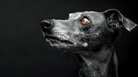 Dramatic black and white portrait of Italian Greyhound dog with striking amber eyes against dark background, highlighting elegant profile and distinctive breed features.