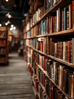 Vintage library interior with wooden shelves filled with old books creating warm atmospheric lighting for academic and literary projects.