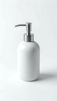 White ceramic soap dispenser with stainless steel pump mechanism on neutral background. Suitable for bathroom, kitchen, and home decor product photography.