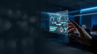 Businessman hand touching holographic interface displaying user profiles and analytics icons in dark office environment with blue lighting.