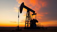 Oil pump jack silhouette against dramatic orange sunset sky in desert landscape, industrial petroleum extraction equipment at dusk creates striking contrast.