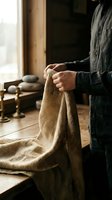 Male craftsman working with natural burlap fabric in rustic workshop setting with warm sunlight streaming through window for textile and handmade projects.