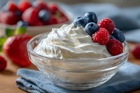 Fresh whipped cream topped with blueberries and raspberries in glass bowl, homemade dessert with summer berries on wooden table.