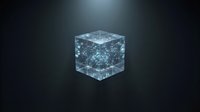 Transparent crystalline cube with glowing particles and light effects floating against dark background, suitable for technology and digital design projects.