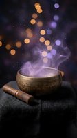 Tibetan singing bowl with wooden mallet emitting purple smoke against starry night sky with golden bokeh lights for meditation and spiritual healing practices.