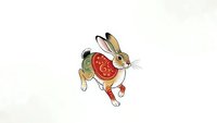 Cartoon rabbit character wearing traditional Asian costume with red and gold details on white background isolated for design projects.