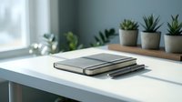 Minimalist workspace with stacked notebooks on white desk near window with small potted succulents creating calm productive environment for office work.