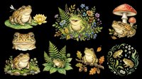 Frogs and toads with botanical elements, isolated on transparent background. Ready for t-shirt design, clipart, stickers, sublimation, print-on-demand products and digital crafts.