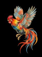 Colorful watercolor rooster in flight with vibrant red, blue, and orange plumage, isolated on transparent background. Great for t-shirts, stickers, and print on demand.