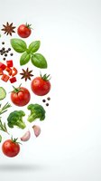 Fresh vegetables and spices scattered on white background with copy space for culinary design projects and healthy cooking concepts.