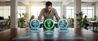 Young professional businessman analyzing holographic sustainability icons displaying clean energy, innovation and corporate responsibility in modern office workspace.
