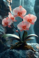Delicate pink orchid flowers blooming on moss-covered rock with soft blue background for spa wellness and botanical decoration projects.