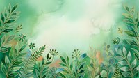 Watercolor botanical border with green foliage, ferns and wildflowers on soft sage background. Isolated design element suitable for invitations, stationery and decorative projects.