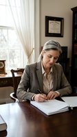 Mature woman professional with gray hair wearing tan blazer and white shirt, signing documents at wooden desk in traditional office setting with framed certificates on wall.