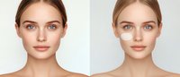 Young Caucasian woman with natural makeup showing before and after skincare cream application comparison, demonstrating cosmetic product results on facial skin.