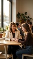 Professional mentor meeting with young woman in modern cafe setting for career guidance and business discussion.