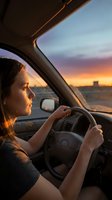 Young woman driving car during golden hour sunset with dramatic sky and warm lighting through windshield for travel and transportation concepts.
