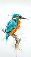 Watercolor kingfisher bird perched on branch with artistic paint splashes and drips on white background for nature and wildlife designs.