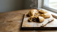 Golden baked pastries filled with dark filling on rustic wooden cutting board near window. Homemade comfort food for breakfast or snack time.