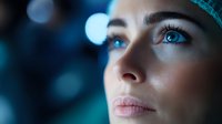 Young woman with striking blue eyes and flawless makeup gazing upward against dark background with bokeh lights, dramatic close-up portrait in turquoise tones.