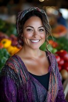 Smiling mixed race woman in boho style clothing at farmers market with fresh produce background. Natural makeup and headscarf complete casual summer look.