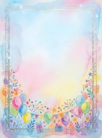 Watercolor birthday party frame with colorful balloons and festive decorations on pastel background for invitations and greeting cards.