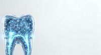 Tooth with glowing digital network pattern and blue light effects on white background, isolated for dental healthcare, technology, and medical design use.