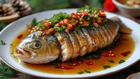 Whole grilled fish with colorful bell pepper garnish and herbs in savory sauce on white plate for restaurant menu and culinary photography.