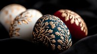 Elegant Easter eggs decorated with delicate golden floral patterns on white, red and teal backgrounds, arranged in dark setting creating dramatic lighting effect.