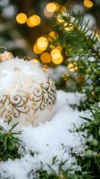White ornament with gold filigree pattern nestled in snow beside evergreen branches and warm golden bokeh lights, evoking festive holiday season celebrations and winter decorations.