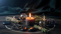 Mystical ritual altar with burning candle, sage bundles, crystals and natural elements arranged in sacred circle for spiritual ceremonies and meditation practices.