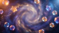 Cosmic spiral galaxy with floating geometric crystals and glowing orbs in deep space. Mystical universe background with stars and nebula for fantasy designs.
