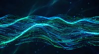 Digital wave particles flowing in cyan and blue colors creating abstract data visualization background for technology and science presentations.