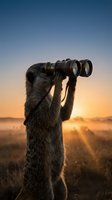 Meerkat standing upright holding binoculars during golden hour sunset with warm sky and natural landscape background for wildlife and nature concepts.