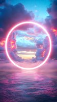 Glowing neon circle portal over ocean at sunset with dramatic pink and purple clouds reflecting in rippling water surface, creating mystical atmosphere.