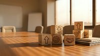 Wooden blocks with real estate and business icons on office desk with laptop and warm sunlight streaming through window blinds.