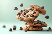 Freshly baked chocolate chip cookies stacked with scattered chocolate morsels on mint green background, soft focus macro photography for food advertising.