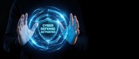 Hands holding glowing blue digital sphere with cyber security text, representing technology protection and network defense for business and digital safety concepts.