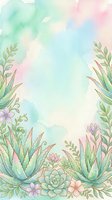 Soft watercolor botanical frame with aloe vera, succulents, and pastel flowers on a dreamy mint and pink background, perfect for cards.