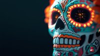 Decorative turquoise sugar skull with orange and red ornate details on dark background. Traditional Mexican Day of the Dead celebration art piece shows intricate painting and design.