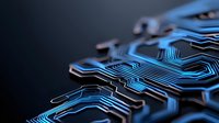 Glowing blue circuit board paths on dark background with intricate electronic traces and connections creating futuristic technology pattern.