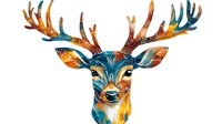 Watercolor deer head with majestic antlers in vibrant blue and orange tones, artistic wildlife portrait on white background, ready for design projects.