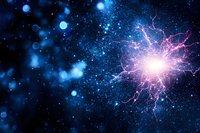 Glowing pink neuron cell on dark blue cosmic background with bokeh lights and particles, representing brain activity and neural connections in space.