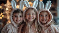 Three smiling children wearing cozy bunny ear hoodies pose together against blurred holiday lights background creating warm festive atmosphere.