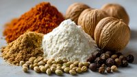 Aromatic spices and herbs collection with turmeric, coriander, salt, nutmeg, black pepper and coriander seeds on wooden surface. Culinary ingredients for cooking.