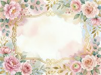 Elegant floral frame with pink peonies, roses, and eucalyptus leaves adorned with gold ornamental borders on cream background. Perfect for wedding invitations, greeting cards, and decorative designs.
