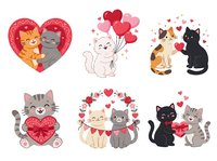 Cute cats in love holding hearts and balloons, isolated on white background, perfect for Valentine's Day greeting cards, t-shirt designs, stickers, and romantic themed projects.